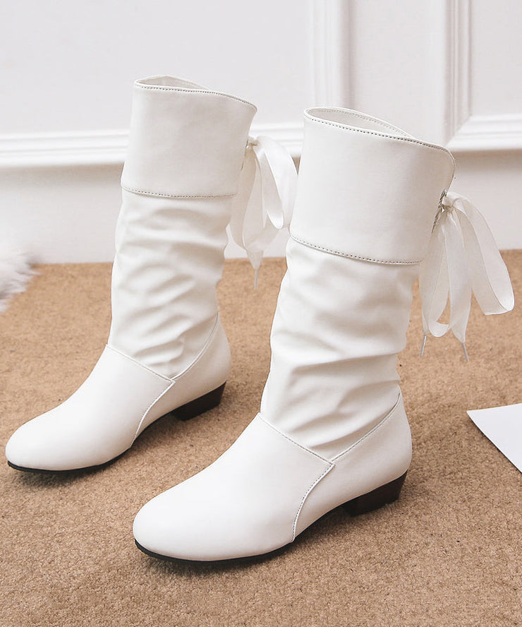 European And American Style White Chunky Women Lace Up Splicing Boots