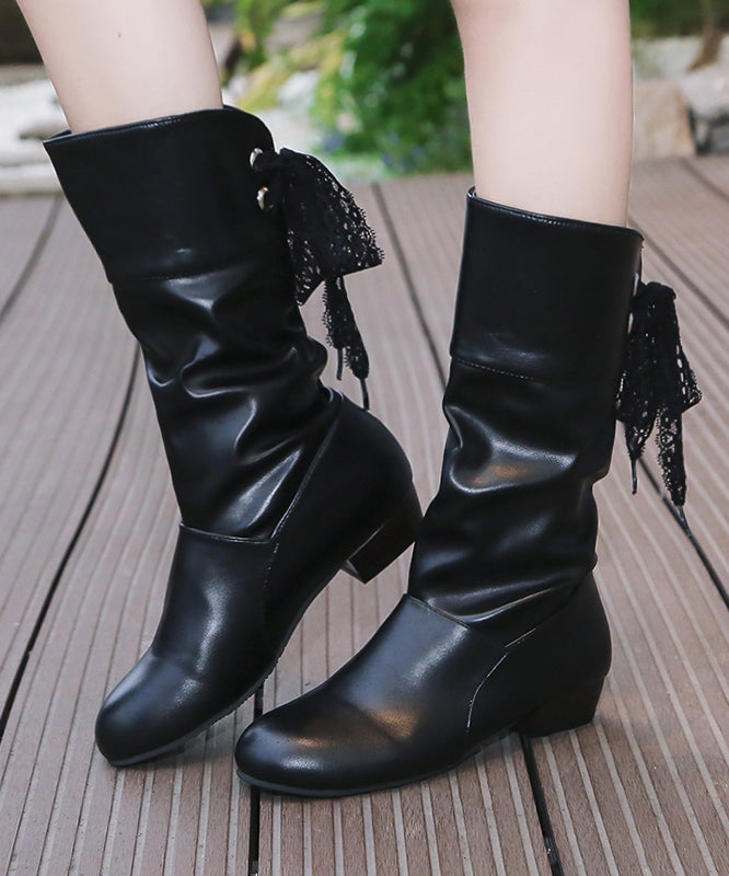 European And American Style White Chunky Women Lace Up Splicing Boots