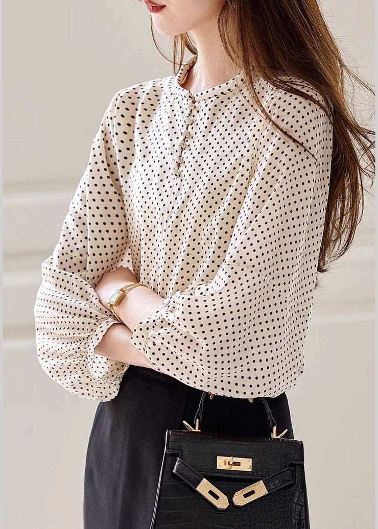 Fashion Apricot Dot Print Chiffon Top Long Sleeve