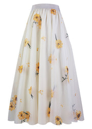 Fashion Apricot Embroideried Floral High Waist Tulle Maxi Skirt Spring