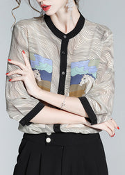 Fashion Apricot O-Neck Print Button Silk Shirt Long Sleeve