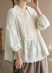 Fashion Apricot Peter Pan Collar Embroideried Cotton Shirt Tops Spring