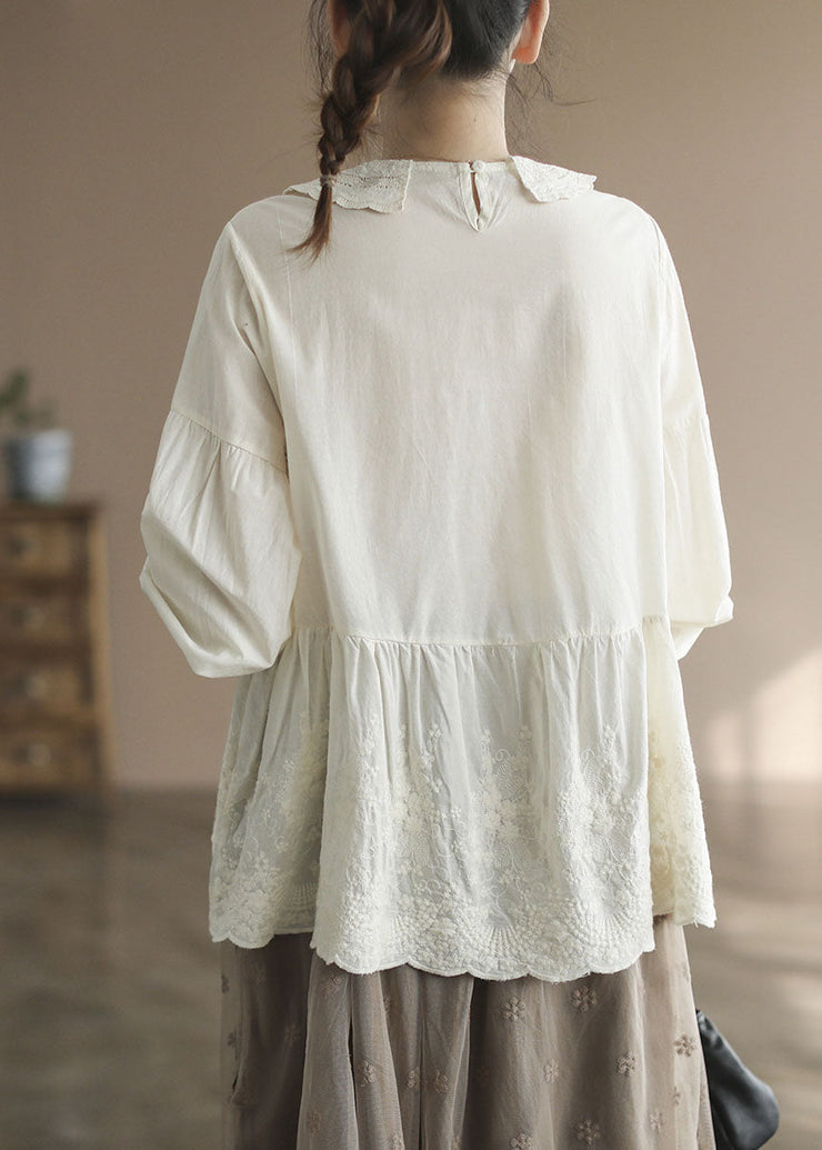 Fashion Apricot Peter Pan Collar Embroideried Cotton Shirt Tops Spring