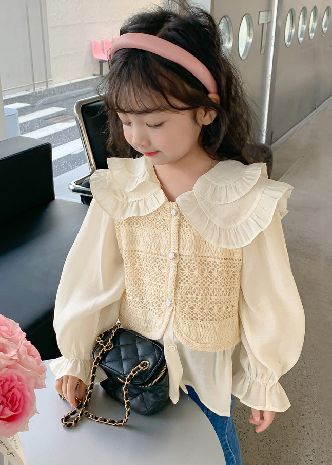 Fashion Apricot Peter Pan Collar False Two Pieces Cotton Knit Girls Shirt Spring