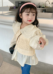 Fashion Apricot Peter Pan Collar False Two Pieces Cotton Knit Girls Shirt Spring