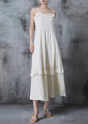 Fashion Apricot Ruffled Wrinkled Cotton Spaghetti Strap Dress Summer