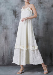 Fashion Apricot Ruffled Wrinkled Cotton Spaghetti Strap Dress Summer