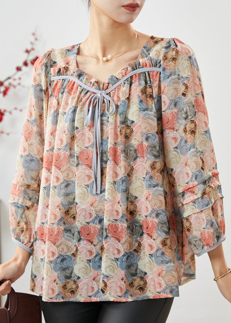 Fashion Apricot Square Collar Floral Print Chiffon Top Bracelet Sleeve