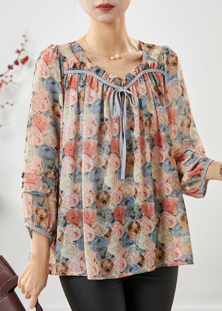 Fashion Apricot Square Collar Floral Print Chiffon Top Bracelet Sleeve