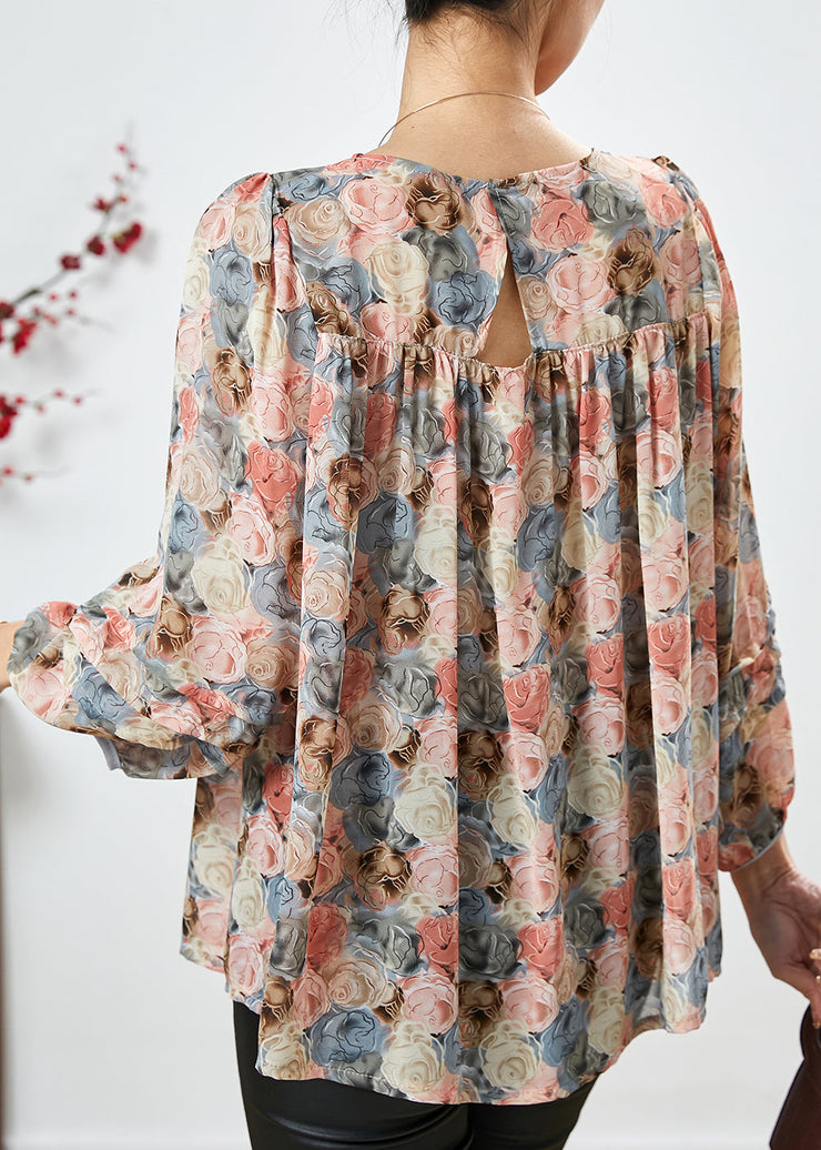 Fashion Apricot Square Collar Floral Print Chiffon Top Bracelet Sleeve