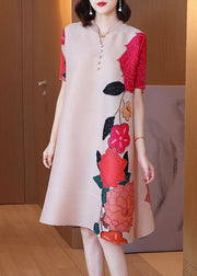 Fashion Apricot Stand Collar Wrinkled Print Silk A Line Dress Short Sleeve