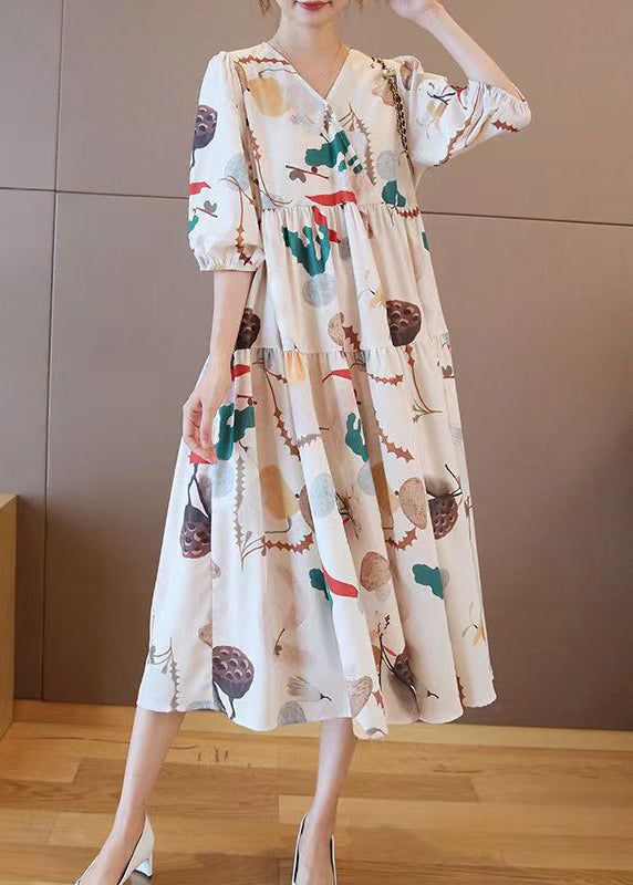 Fashion Apricot V Neck Print Cotton Long Dress Half Sleeve