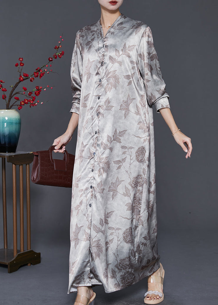 Fashion Apricot V Neck Print Silk Maxi Dresses Spring