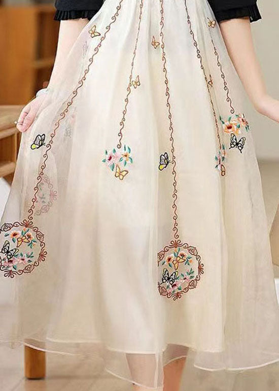 Fashion Apricot Wrinkled Embroideried Tulle Skirt Summer