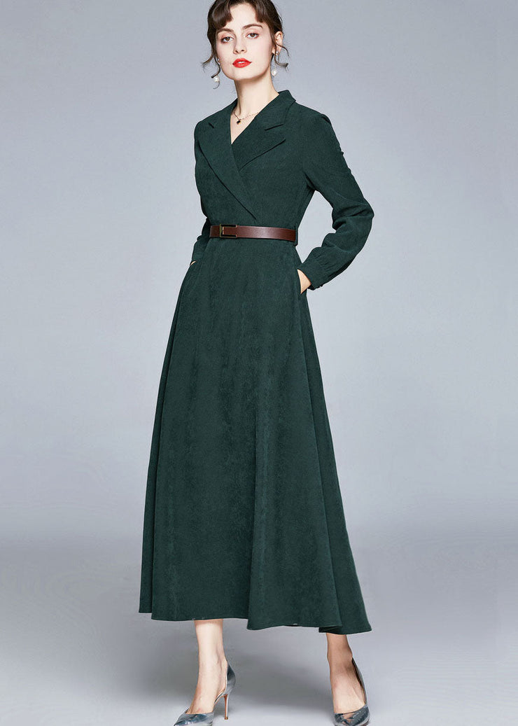 Fashion Army Green Notched Sashes Patchwork Corduroy Long Dresses Fall