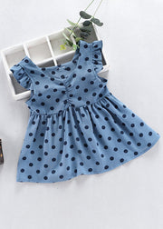 Fashion Baby Blue O-Neck Dot Print Patchwork Girls Vacation Long Dress Sleeveless