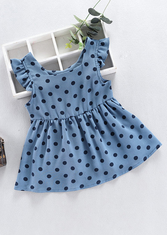 Fashion Baby Blue O-Neck Dot Print Patchwork Girls Vacation Long Dress Sleeveless