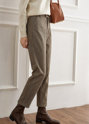 Fashion Beige Button Pockets Zippered Woolen Straight Pants Fall