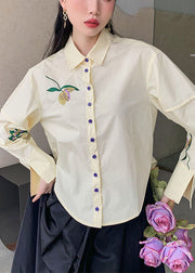 Fashion Beige Embroideried Patchwork Cotton Shirt Top Spring