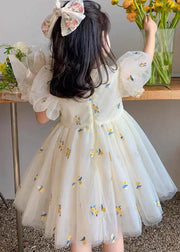 Fashion Beige Embroideried Wrinkled Patchwork Tulle Kids Girls Dress Summer