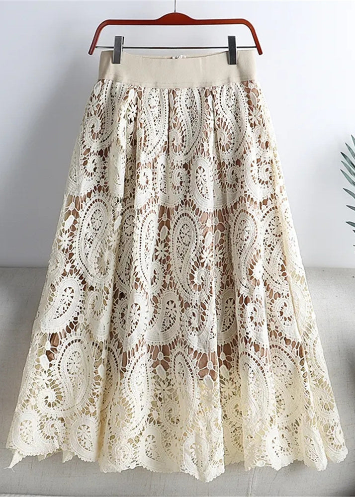 Fashion Beige Hollow Out Floral Lace Skirts Summer