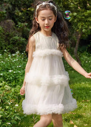 Fashion Beige O-Neck Patchwork Tulle Kids Mid Dresses Summer
