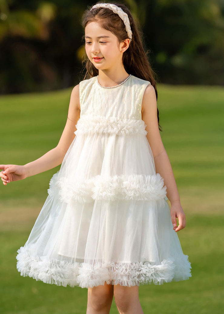 Fashion Beige O-Neck Patchwork Tulle Kids Mid Dresses Summer
