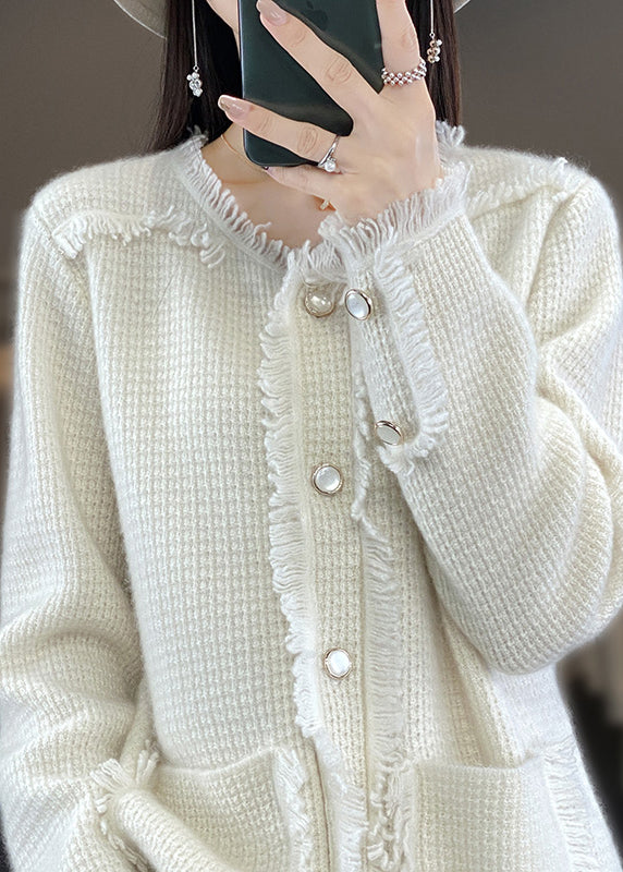 Fashion Beige O-Neck Patchwork Wool Blended Coats Long Sleeve