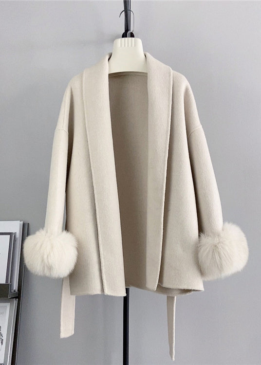 Fashion Beige Tie Waist Fox Patchwork Woolen Coats Winter