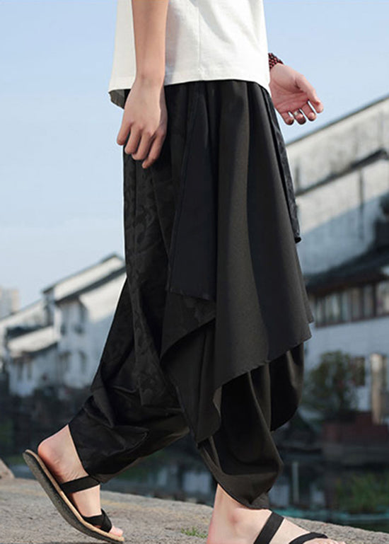 Fashion Black Asymmetrical Jacquard Patchwork Ice Silk Men Harem Pants Summer