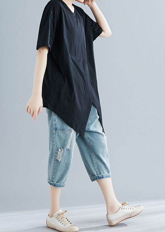 Fashion Black Asymmetrical Patchwork Cotton Top Short Sleeve