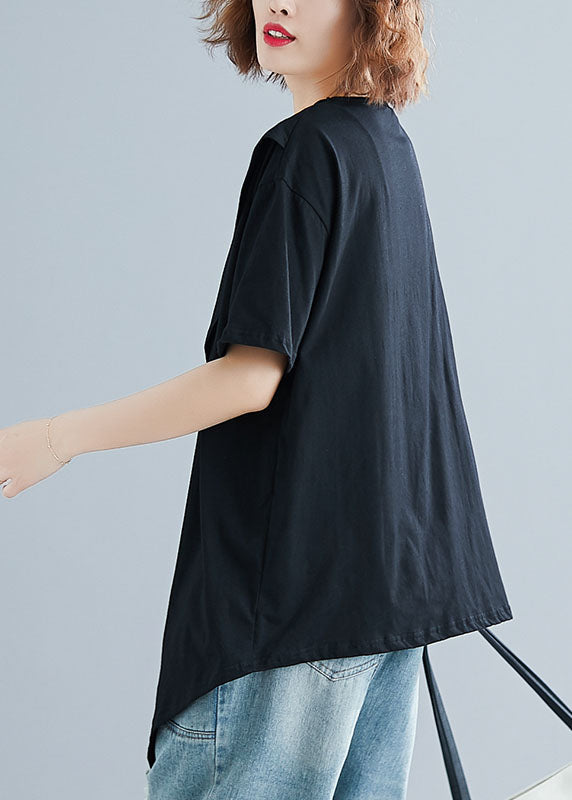 Fashion Black Asymmetrical Patchwork Cotton Top Short Sleeve