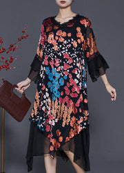 Fashion Black Asymmetrical Print Silk Dresses Flare Sleeve