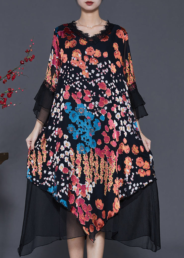 Fashion Black Asymmetrical Print Silk Dresses Flare Sleeve