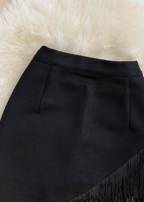 Fashion Black Asymmetrical Tassel High Waist Skirt Summer