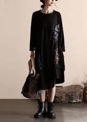 Fashion Black Asymmetrical Wrinkled Patchwork Cotton Dresses Spring