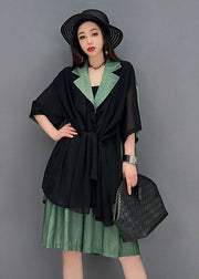 Fashion Black Blue Notched Collar Asymmetrical Patchwork Chiffon Two Pieces Set Summer