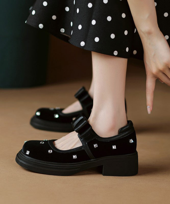 Fashion Black Bow Splicing Nail Bead Buckle Strap Chunky High Heels