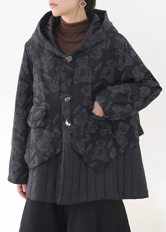 Fashion Black Button Patchwork Print Pockets Hooded Parka Long Sleeve