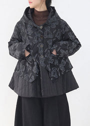 Fashion Black Button Patchwork Print Pockets Hooded Parka Long Sleeve