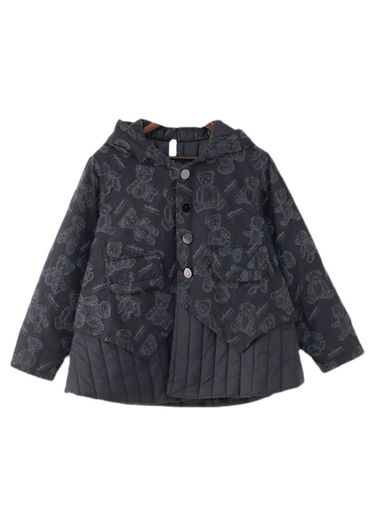 Fashion Black Button Patchwork Print Pockets Hooded Parka Long Sleeve