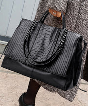Fashion Black Chain Linked Patchwork Faux Leather Tote Handbag