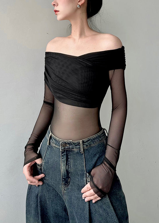 Fashion Black Cold Shoulder Sexy Tulle Blouse Tops Fall