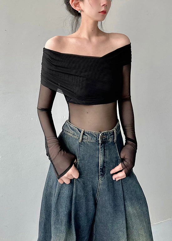 Fashion Black Cold Shoulder Sexy Tulle Blouse Tops Fall