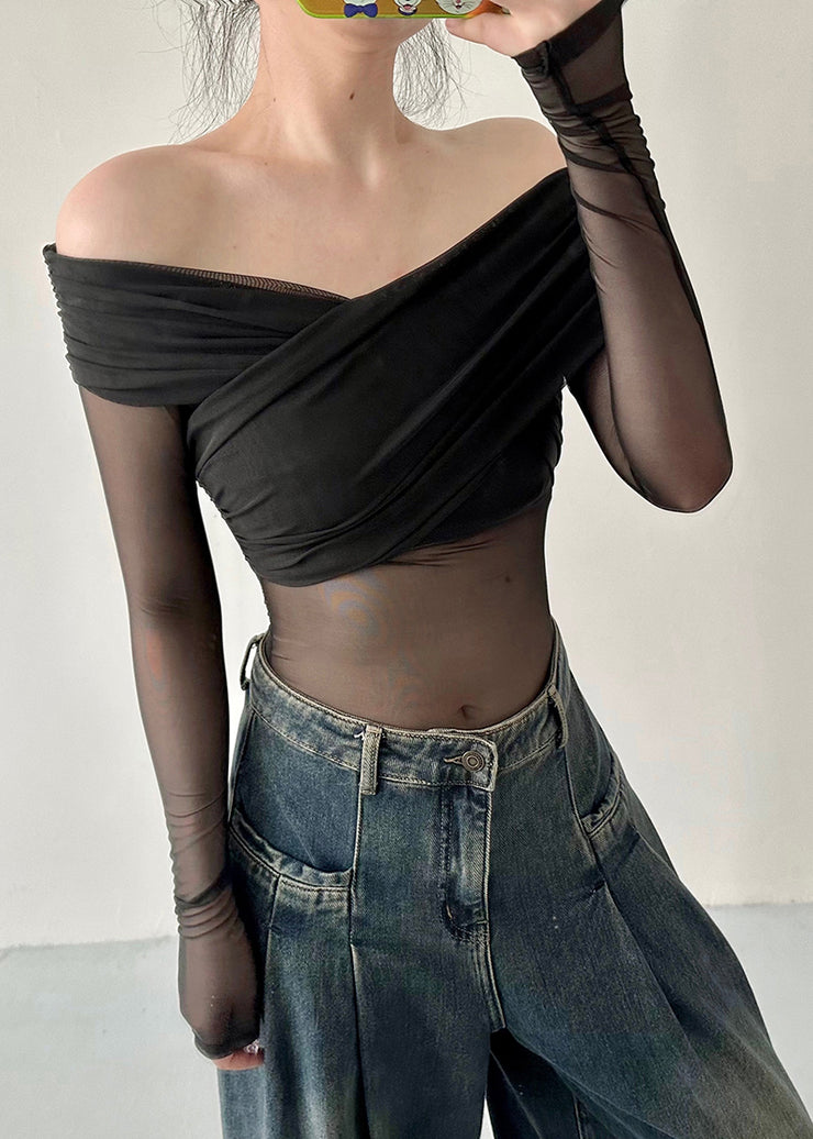 Fashion Black Cold Shoulder Sexy Tulle Blouse Tops Fall