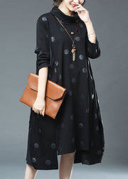 Fashion Black Dot Print Drawstring Patchwork Cotton Dresses Fall