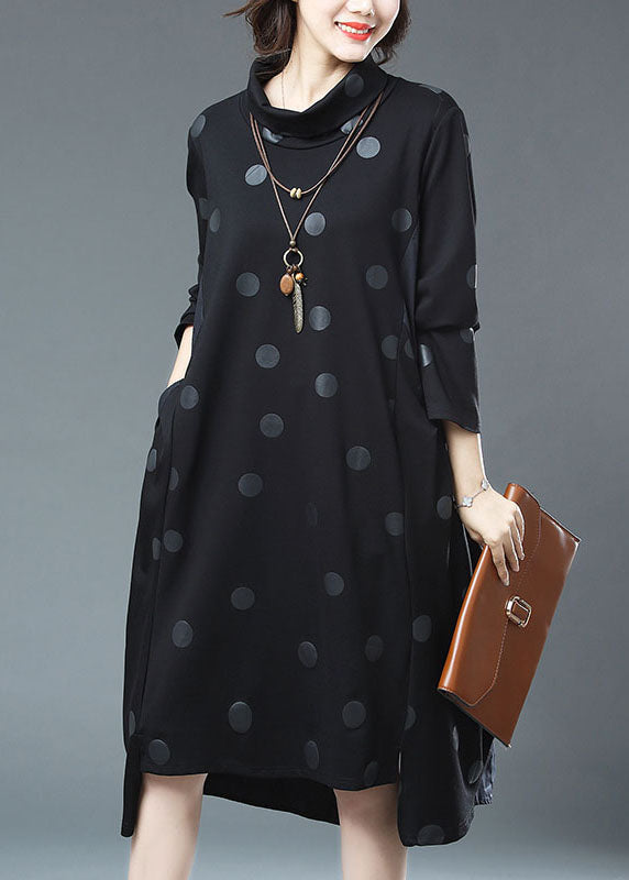 Fashion Black Dot Print Drawstring Patchwork Cotton Dresses Fall