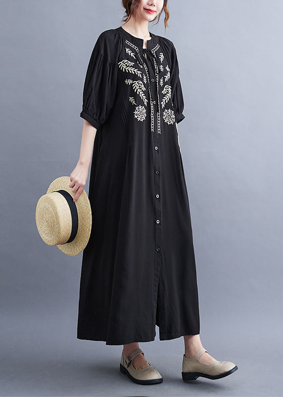 Fashion Black Embroideried Lace Up Cotton Maxi Dress Summer