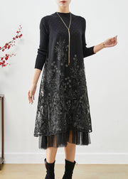 Fashion Black Embroideried Patchwork Knit Dresses Fall