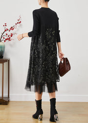 Fashion Black Embroideried Patchwork Knit Dresses Fall